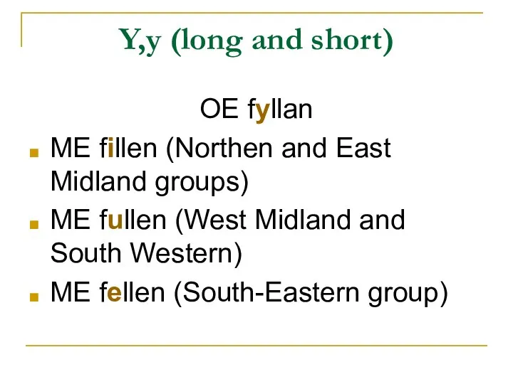 Y,y (long and short) OE fyllan ME fillen (Northen and East