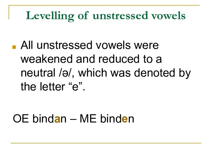 Levelling of unstressed vowels All unstressed vowels were weakened and reduced