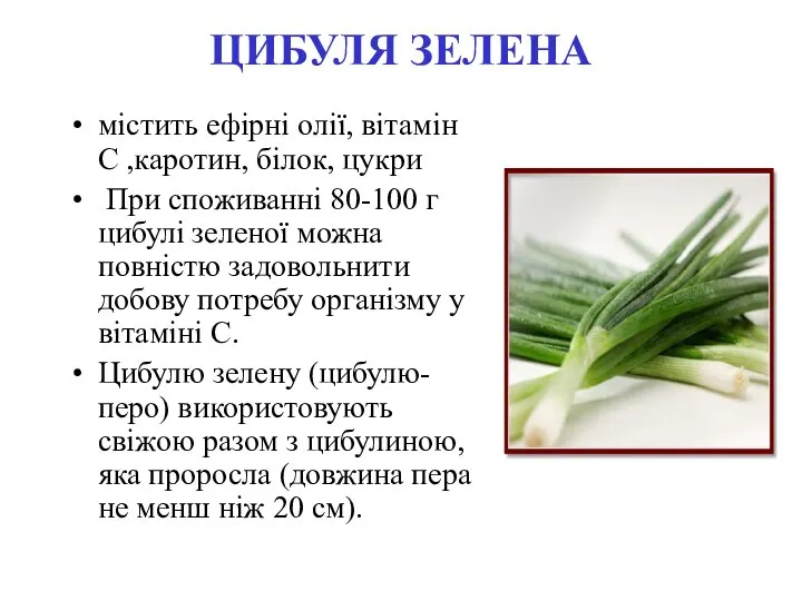 ЦИБУЛЯ ЗЕЛЕНА містить ефірні олії, вітамін С ,каротин, білок, цукри При