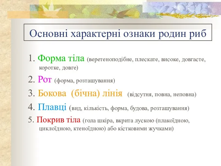 Основні характерні ознаки родин риб 1. Форма тіла (веретеноподібне, плескате, високе,