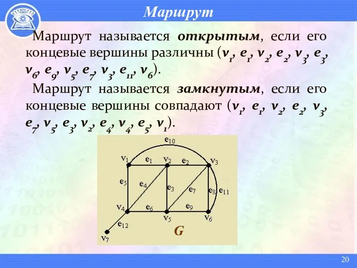 Маршрут Маршрут называется открытым, если его концевые вершины различны (v1, e1,