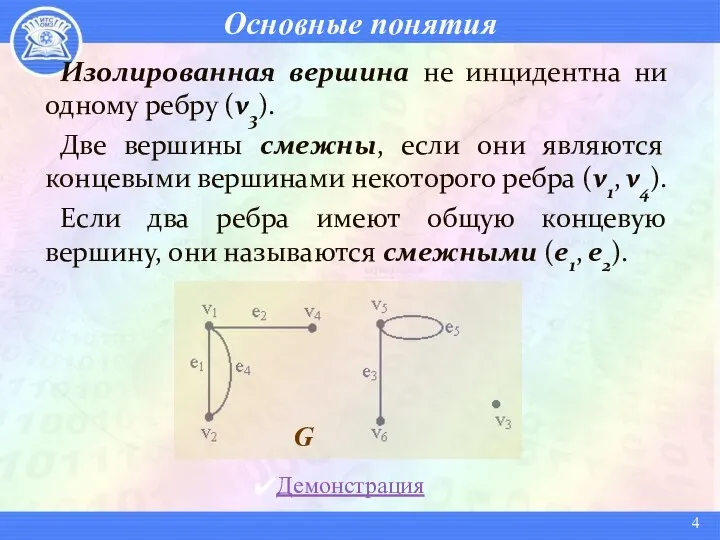 Основные понятия Изолированная вершина не инцидентна ни одному ребру (v3). Две