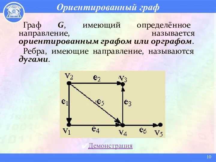 Ориентированный граф Граф G, имеющий определённое направление, называется ориентированным графом или