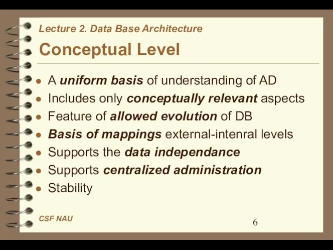 Conceptual Level A uniform basis of understanding of AD Includes only
