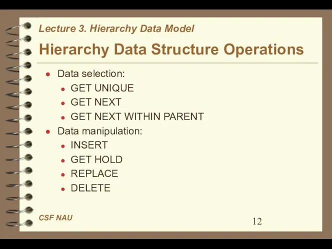 Hierarchy Data Structure Operations Data selection: GET UNIQUE GET NEXT GET