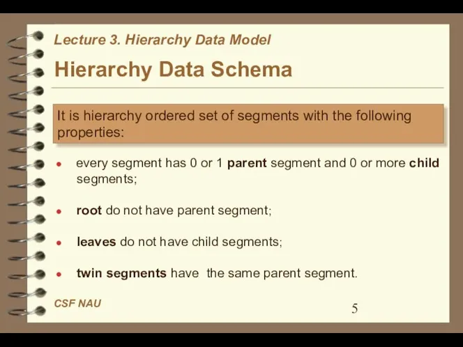 Hierarchy Data Schema It is hierarchy ordered set of segments with