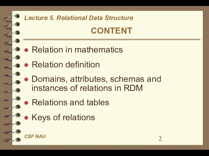 CONTENT Relation in mathematics Relation definition Domains, attributes, schemas and instances