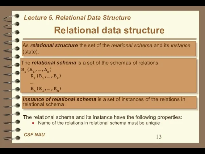 Relational data structure The relational schema and its instance have the