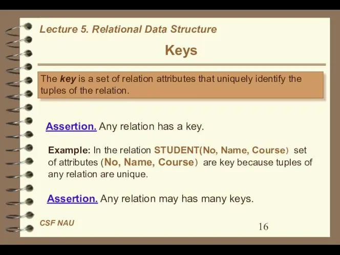 Keys The key is a set of relation attributes that uniquely
