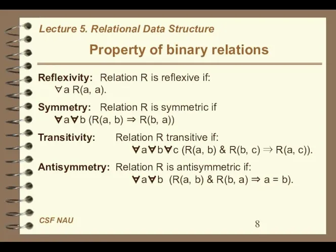 Property of binary relations Reflexivity: Relation R is reflexive if: ∀a