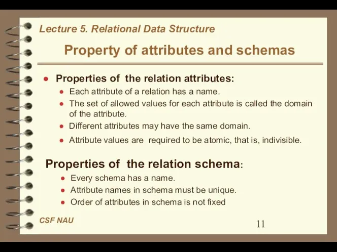 Property of attributes and schemas Properties of the relation attributes: Each