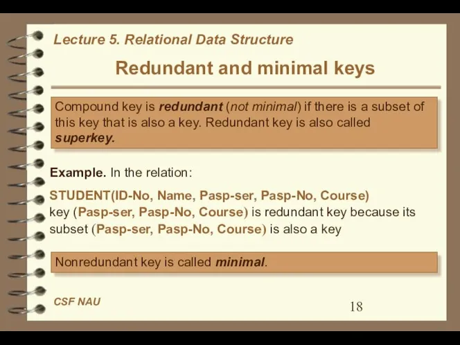 Redundant and minimal keys Compound key is redundant (not minimal) if