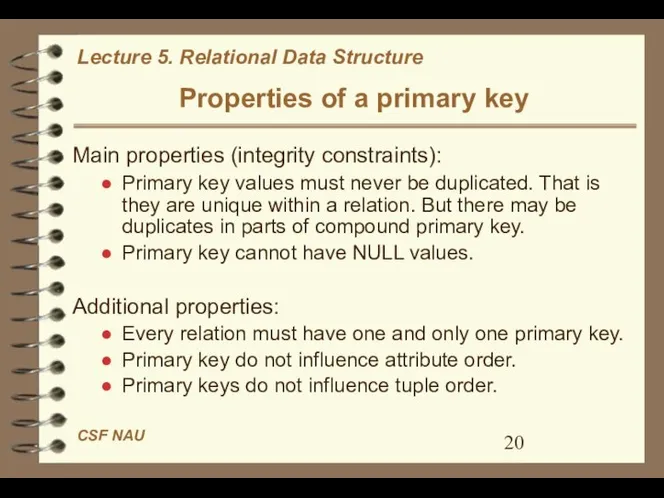 Properties of a primary key Main properties (integrity constraints): Primary key
