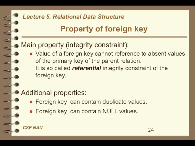 Property of foreign key Main property (integrity constraint): Value of a