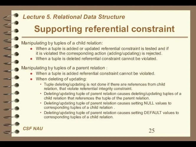Supporting referential constraint Manipulating by tuples of a child relation: When