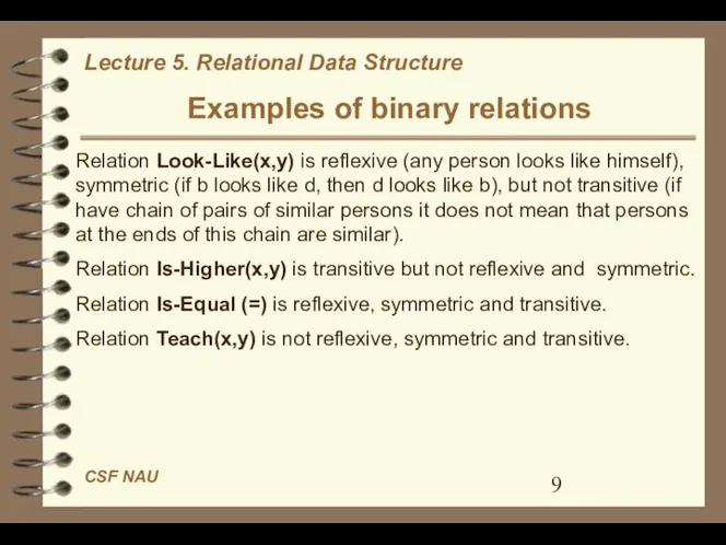 Examples of binary relations Relation Look-Like(x,y) is reflexive (any person looks