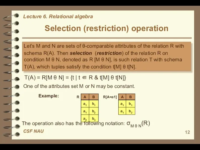 Selection (restriction) operation Let’s М and N are sets of θ-comparable