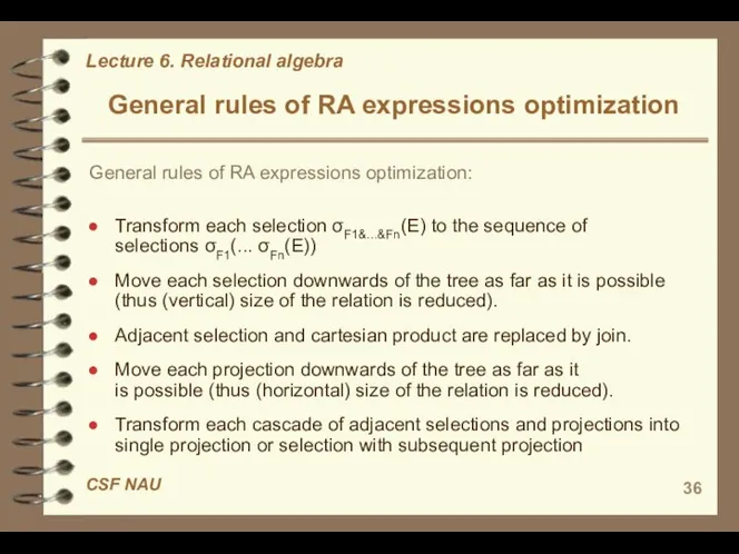 General rules of RA expressions optimization General rules of RA expressions