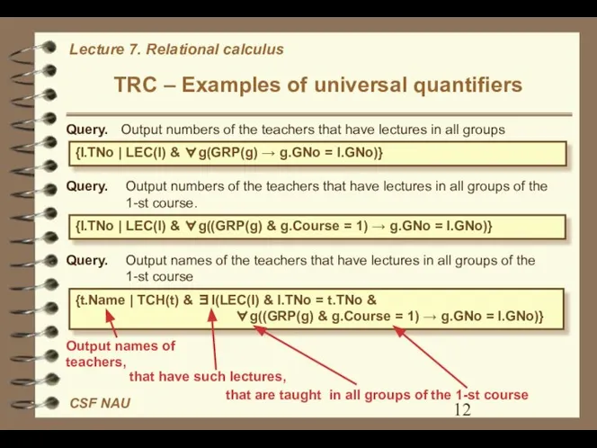 TRC – Examples of universal quantifiers Query. Output numbers of the
