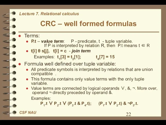 CRC – well formed formulas Terms: P.t – value term: P