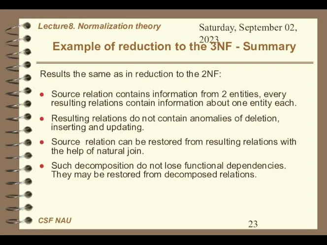 Saturday, September 02, 2023 Example of reduction to the 3NF -