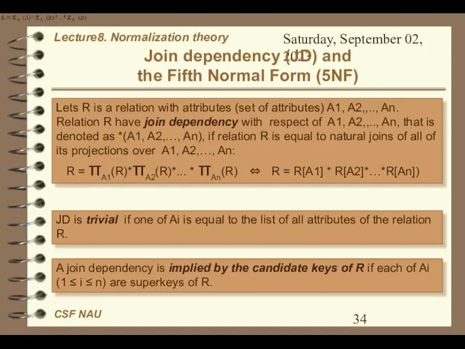 Saturday, September 02, 2023 Join dependency (JD) and the Fifth Normal