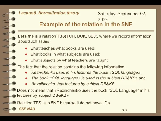 Saturday, September 02, 2023 Example of the relation in the 5NF