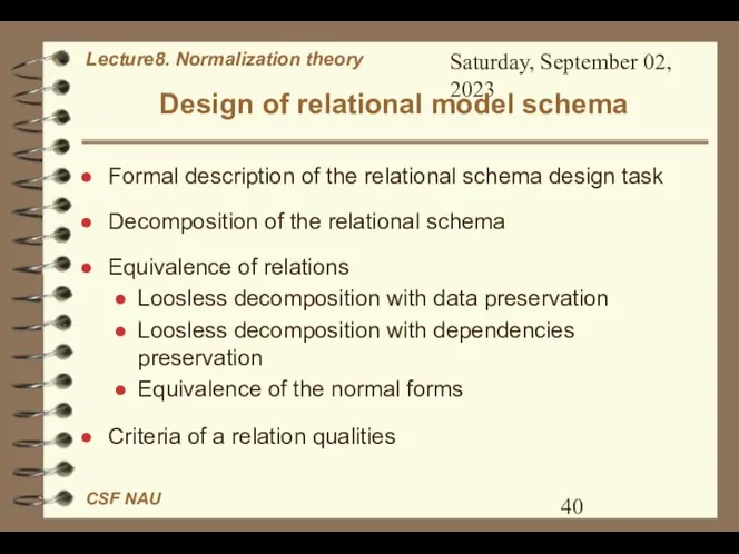 Saturday, September 02, 2023 Design of relational model schema Formal description