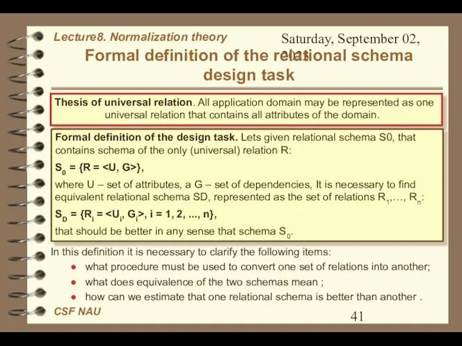 Saturday, September 02, 2023 Formal definition of the relational schema design
