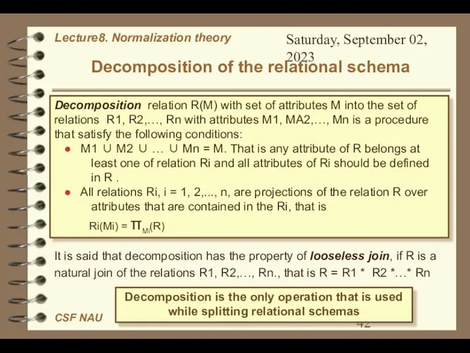 Saturday, September 02, 2023 Decomposition of the relational schema It is
