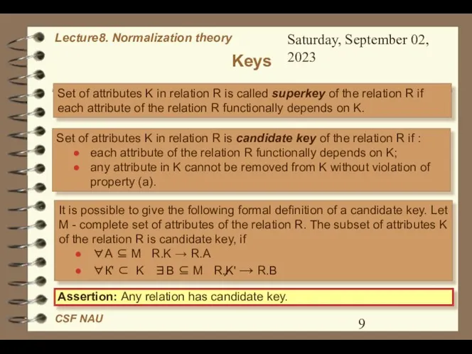 Saturday, September 02, 2023 Keys Set of attributes K in relation