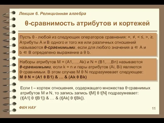 θ-сравнимость атрибутов и кортежей Пусть θ - любой из следующих операторов