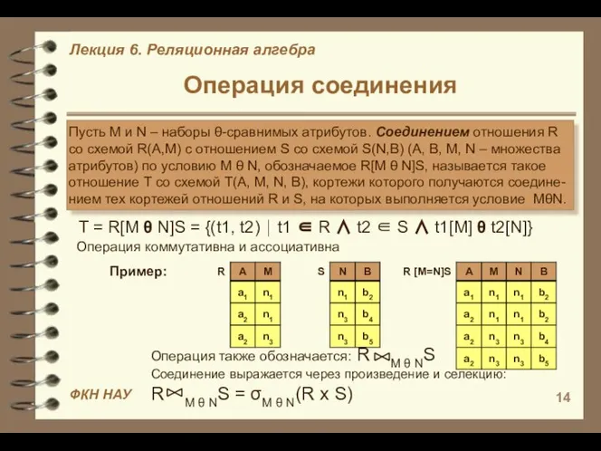 Операция соединения Пусть М и N – наборы θ-сравнимых атрибутов. Соединением