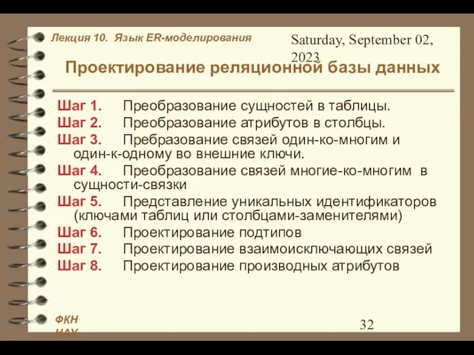 Saturday, September 02, 2023 Проектирование реляционной базы данных Шаг 1. Преобразование