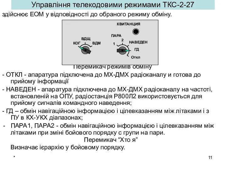 * Управління телекодовими режимами ТКС-2-27 здійснює ЕОМ у відповідності до обраного