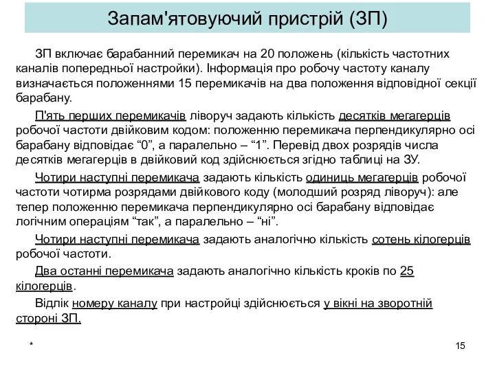 Запам'ятовуючий пристрій (ЗП) ЗП включає барабанний перемикач на 20 положень (кількість