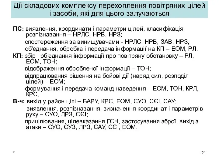 * Дії складових комплексу перехоплення повітряних цілей і засоби, які для