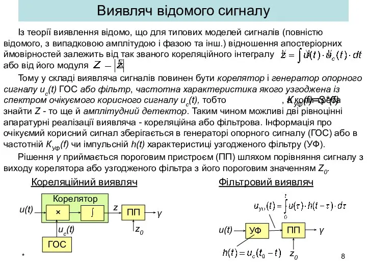 * Із теорії виявлення відомо, що для типових моделей сигналів (повністю