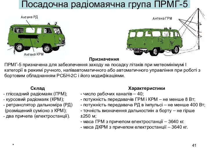 * Призначення ПРМГ-5 призначена для забезпечення заходу на посадку літаків при