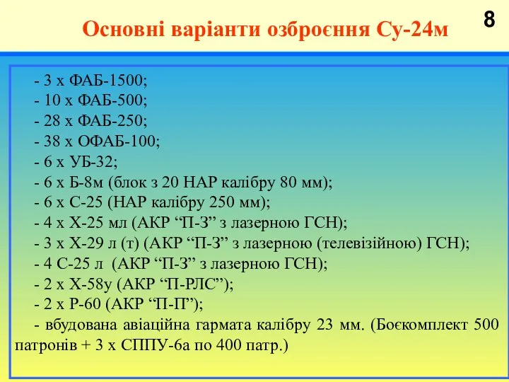 Основні варіанти озброєння Су-24м - 3 х ФАБ-1500; - 10 х