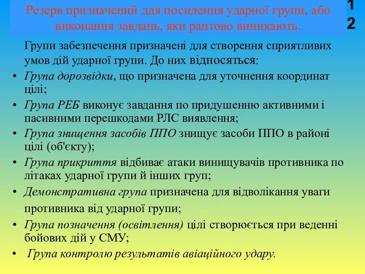 Резерв призначений для посилення ударної групи, або виконання завдань, яки раптово