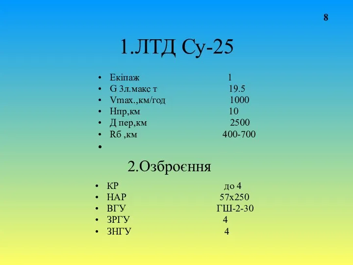 1.ЛТД Су-25 Екіпаж 1 G 3л.макс т 19.5 Vmax.,км/год 1000 Нпр,км