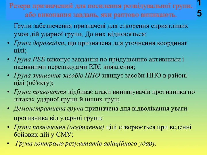 Резерв призначений для посилення розвідувальної групи, або виконання завдань, яки раптово