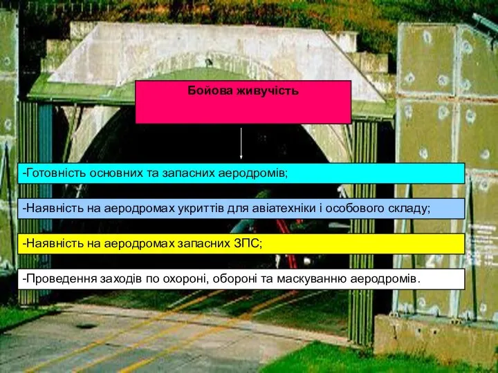 -Готовність основних та запасних аеродромів; Бойова живучість -Наявність на аеродромах укриттів