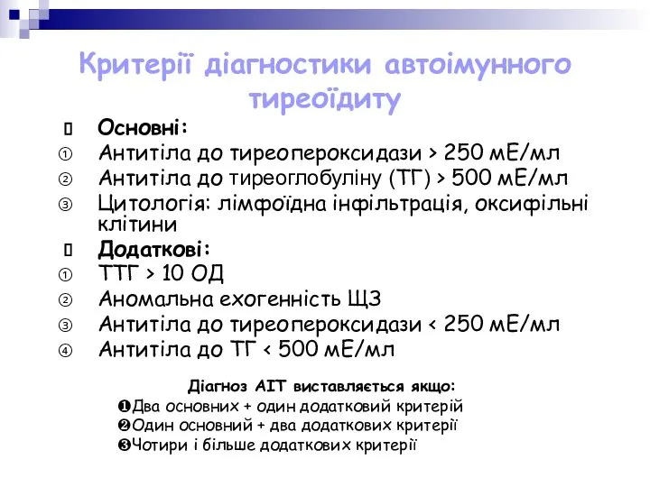 Критерії діагностики автоімунного тиреоїдиту Основні: Антитіла до тиреопероксидази > 250 мЕ/мл