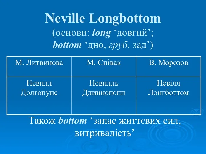 Neville Longbottom (основи: long ‘довгий’; bottom ‘дно, груб. зад’) Також bottom ‘запас життєвих сил, витривалість’