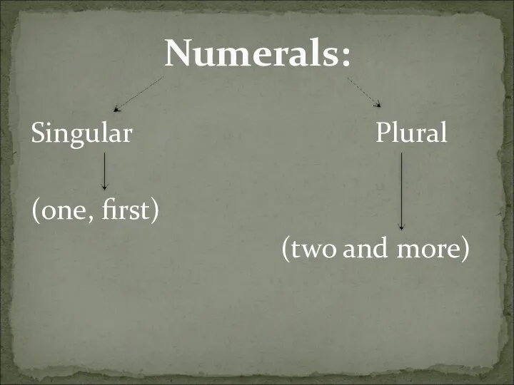 Singular Plural (one, first) (two and more) Numerals: