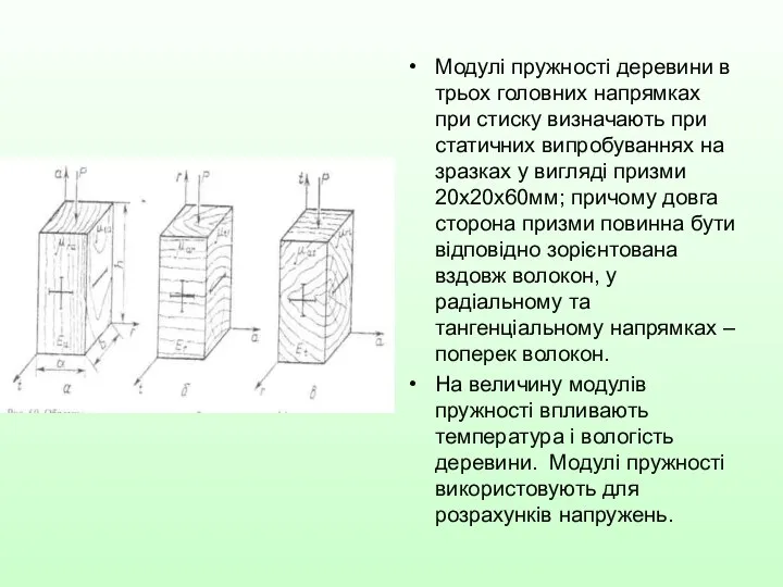 Модулі пружності деревини в трьох головних напрямках при стиску визначають при