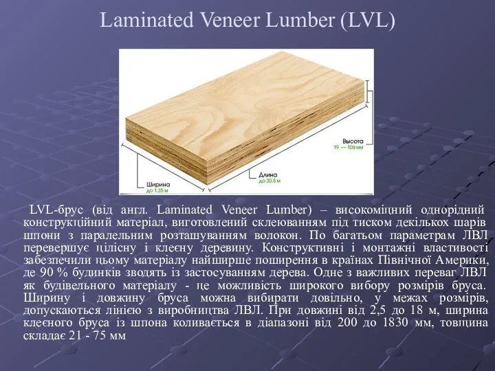 Laminated Veneer Lumber (LVL) LVL-брус (від англ. Laminated Veneer Lumber) –