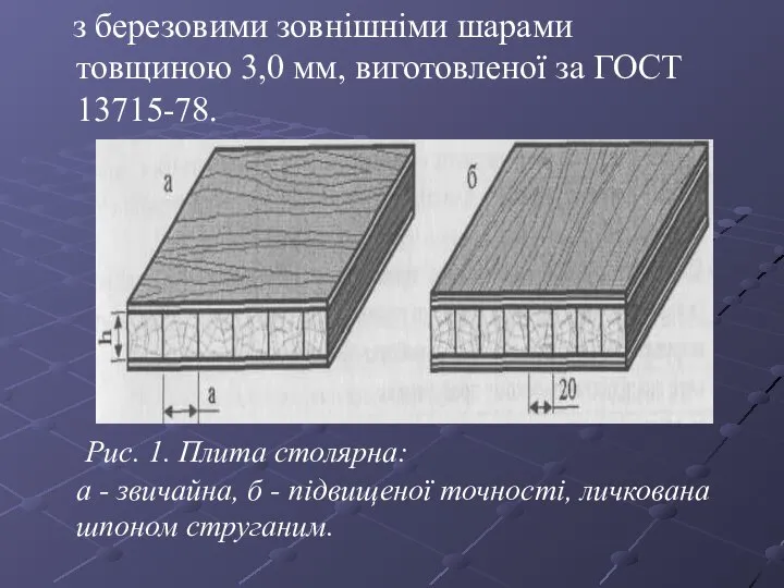 з березовими зовнішніми шарами товщиною 3,0 мм, виготовленої за ГОСТ 13715-78.